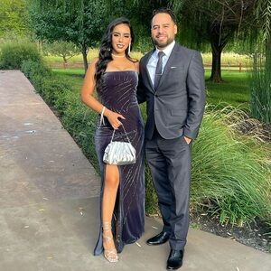 Gorgeous slate color velvet beaded evening gown with a slit